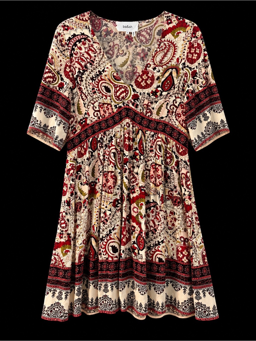 ba&sh Zelda Paisley Crepe V-Neck Mini Dress | Size Small | Boho French Designer